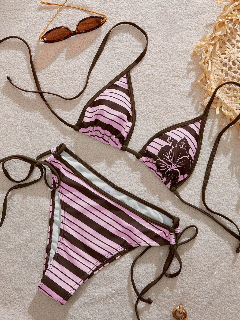 Women's Bikini Swimwear, Retro Striped Cute Hibiscus Print Swimwear
