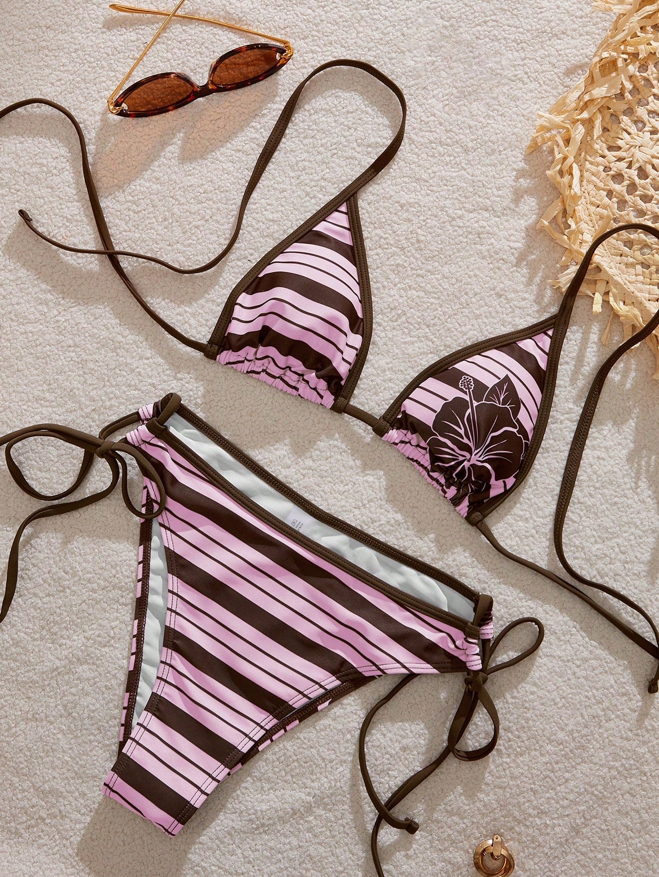 Women's Bikini Swimwear, Retro Striped Cute Hibiscus Print Swimwear