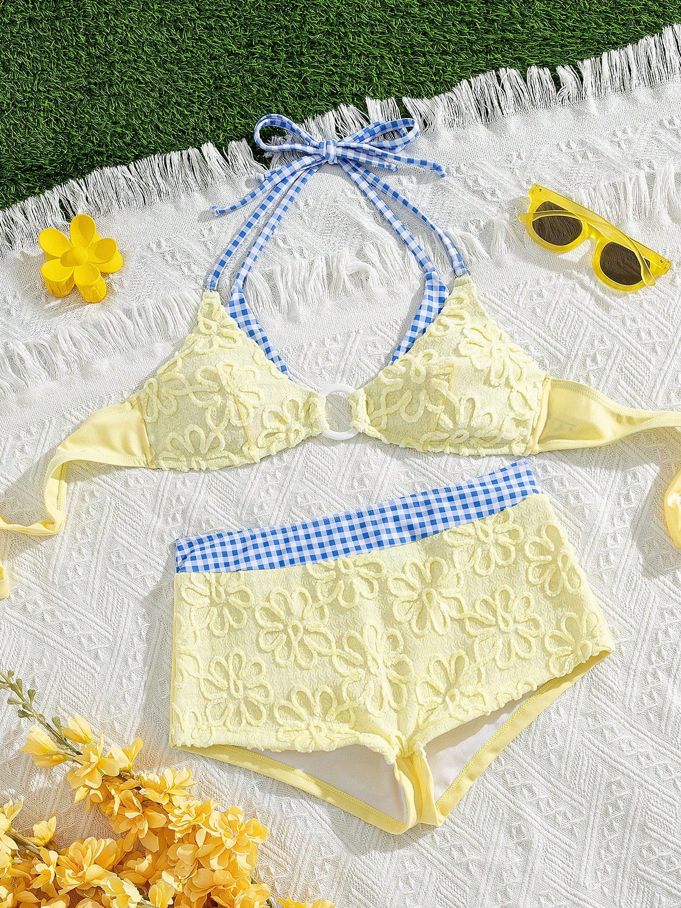 Swim Vcay Soft Cream Yellow 3D Flower Halter Bikini Top, Blue Plaid