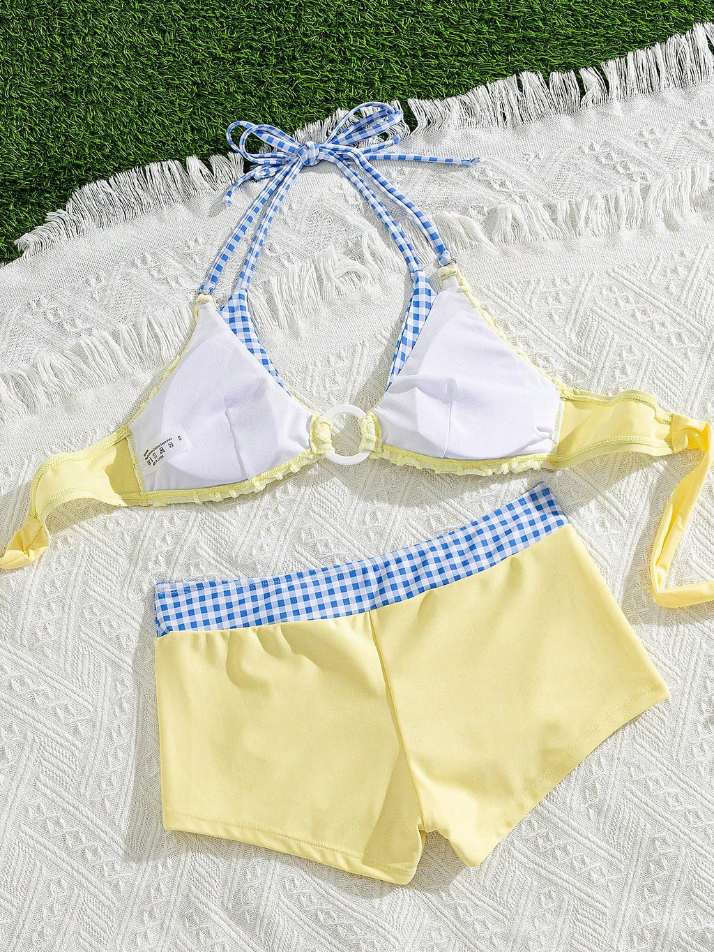 Swim Vcay Soft Cream Yellow 3D Flower Halter Bikini Top, Blue Plaid