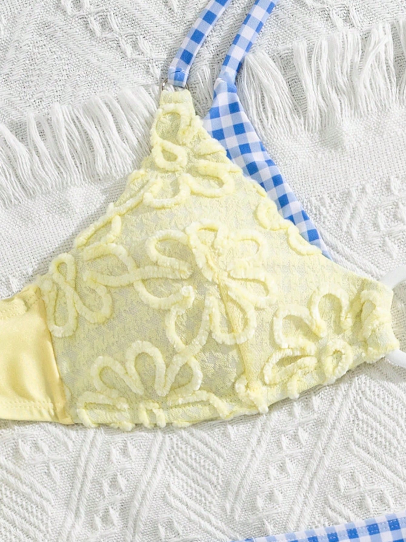 Swim Vcay Soft Cream Yellow 3D Flower Halter Bikini Top, Blue Plaid