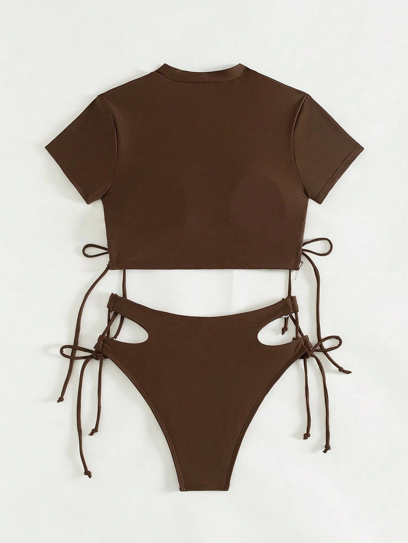 Swim Summer Beach Solid Bikini Set Short Sleeve Tee & Cut Out Tie Side Bottom 2