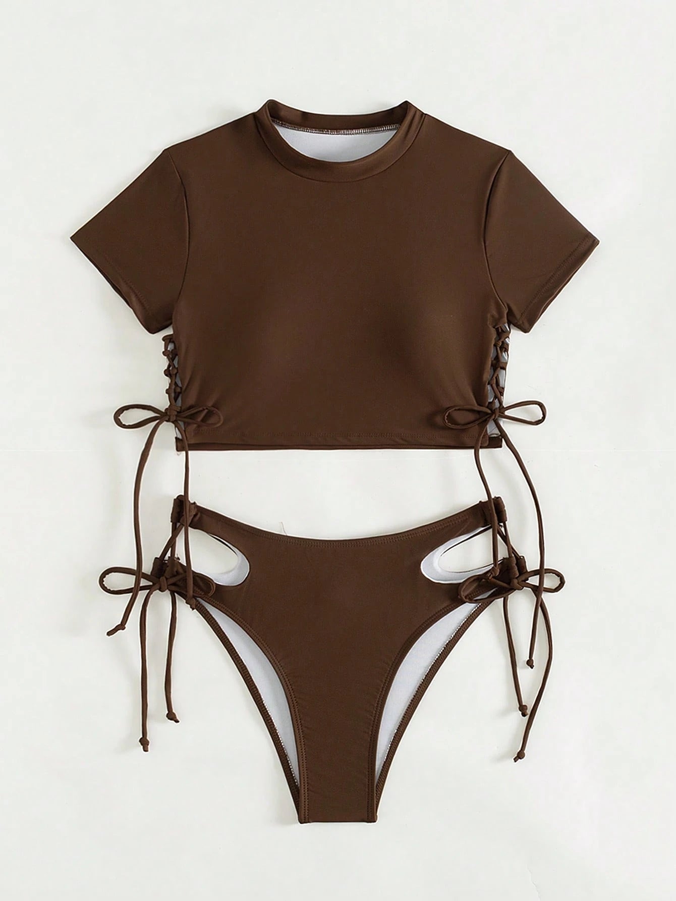 Swim Summer Beach Solid Bikini Set Short Sleeve Tee & Cut Out Tie Side Bottom 2