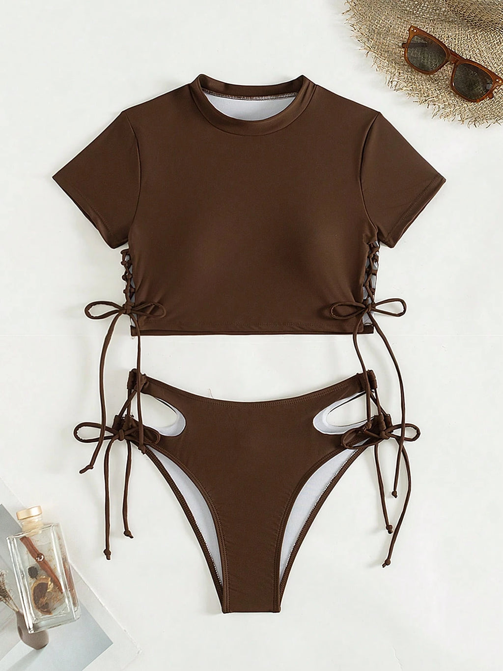 Swim Summer Beach Solid Bikini Set Short Sleeve Tee & Cut Out Tie Side Bottom 2