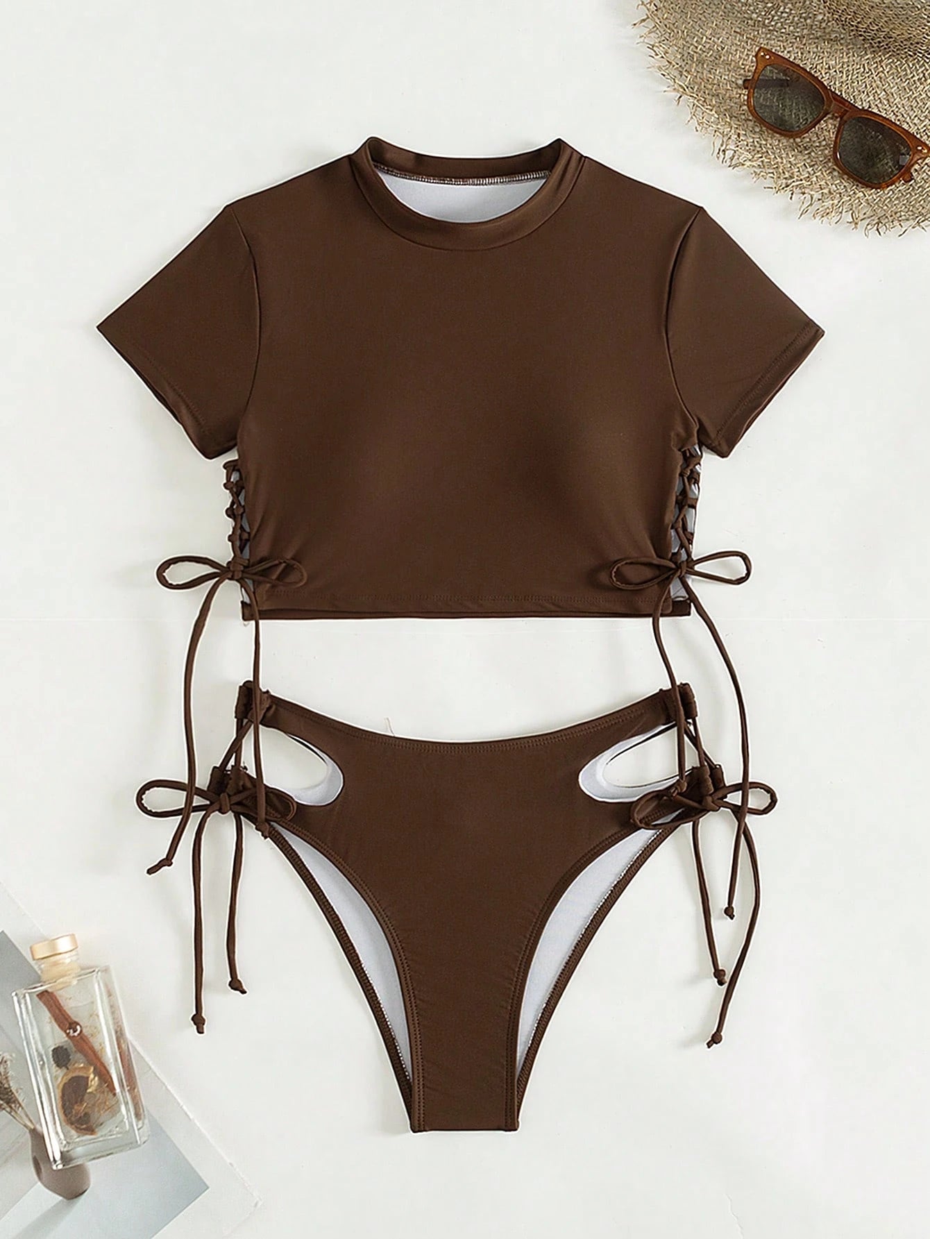 Swim Summer Beach Solid Bikini Set Short Sleeve Tee & Cut Out Tie Side Bottom 2