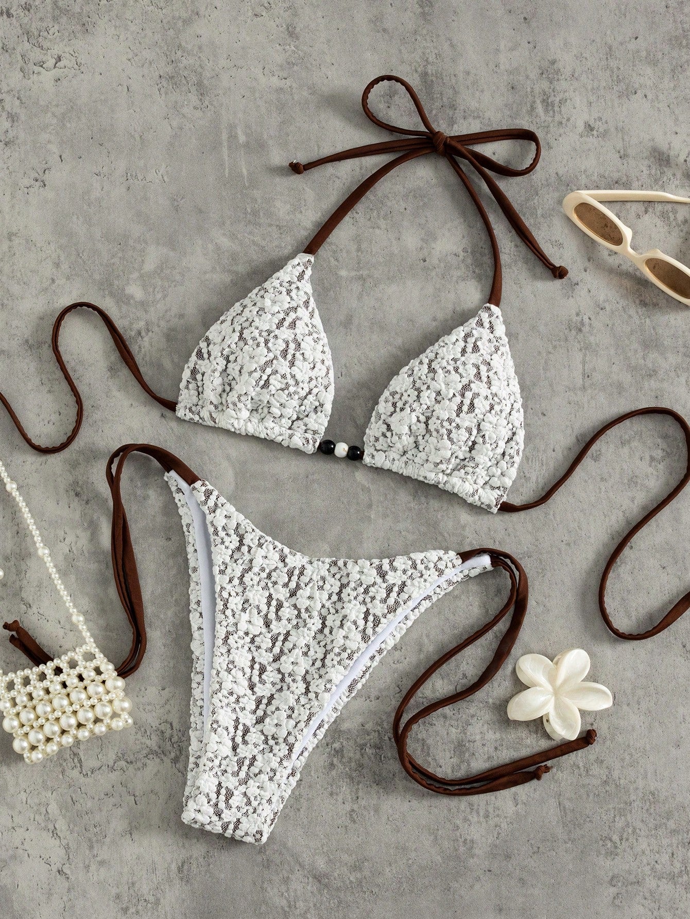 Bonvoyette Women's 2-Piece White Crochet Lace Triangle Bikini