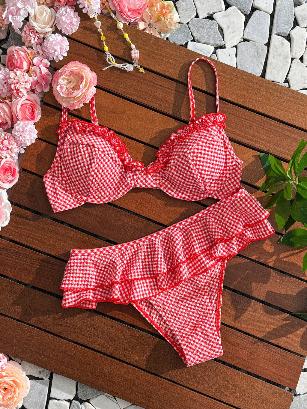 Swim Mod Women's 2pcs/Set Red And White Striped Bikini Swimsuit,Summer Holiday Retro Vintage Beach Party Cute - image 3