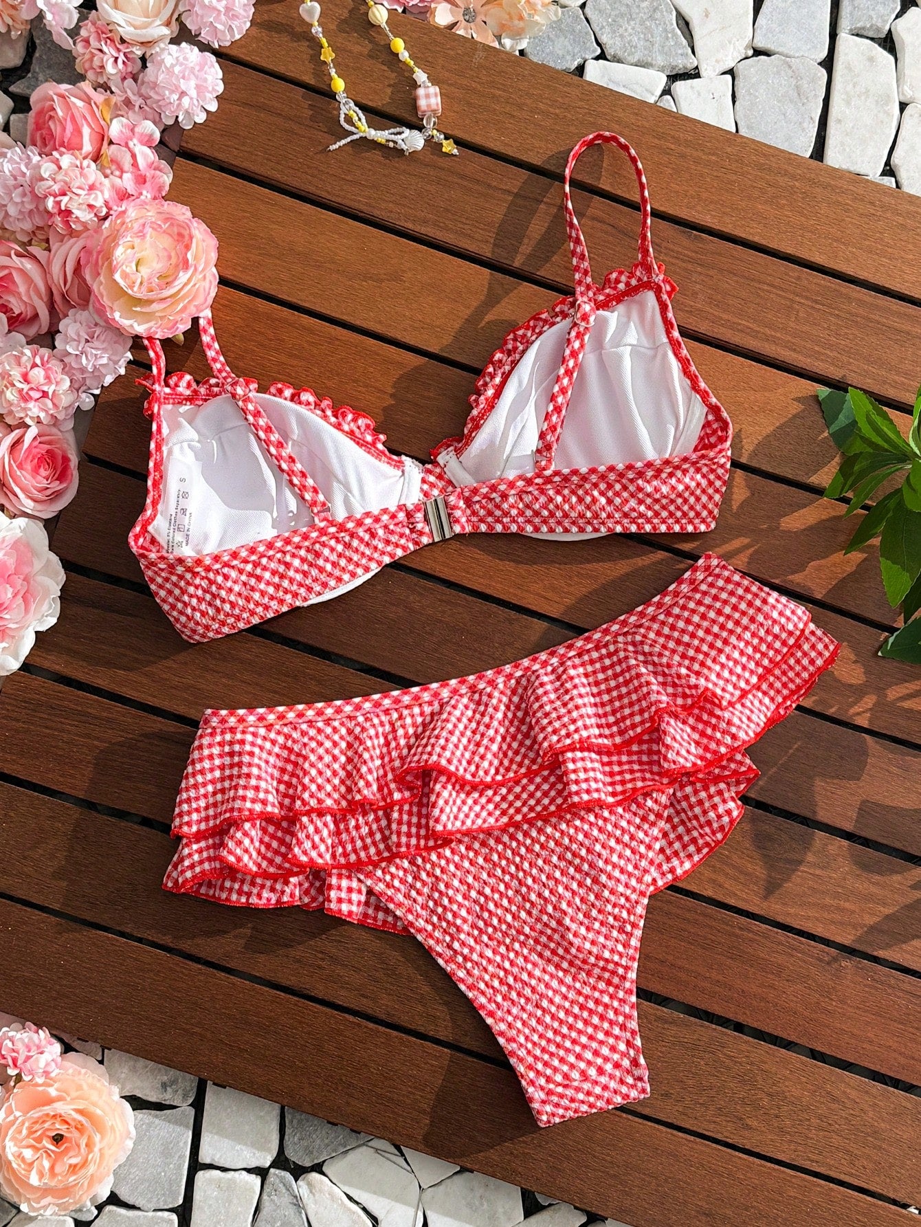 Swim Mod Women's 2pcs/Set Red And White Striped Bikini Swimsuit,Summer Holiday Retro Vintage Beach Party Cute - image 2