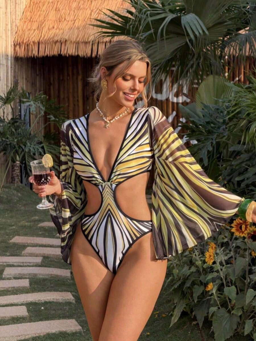 New Women's Deep Color Block Casual Beach Date Holiday Flare Sleeve