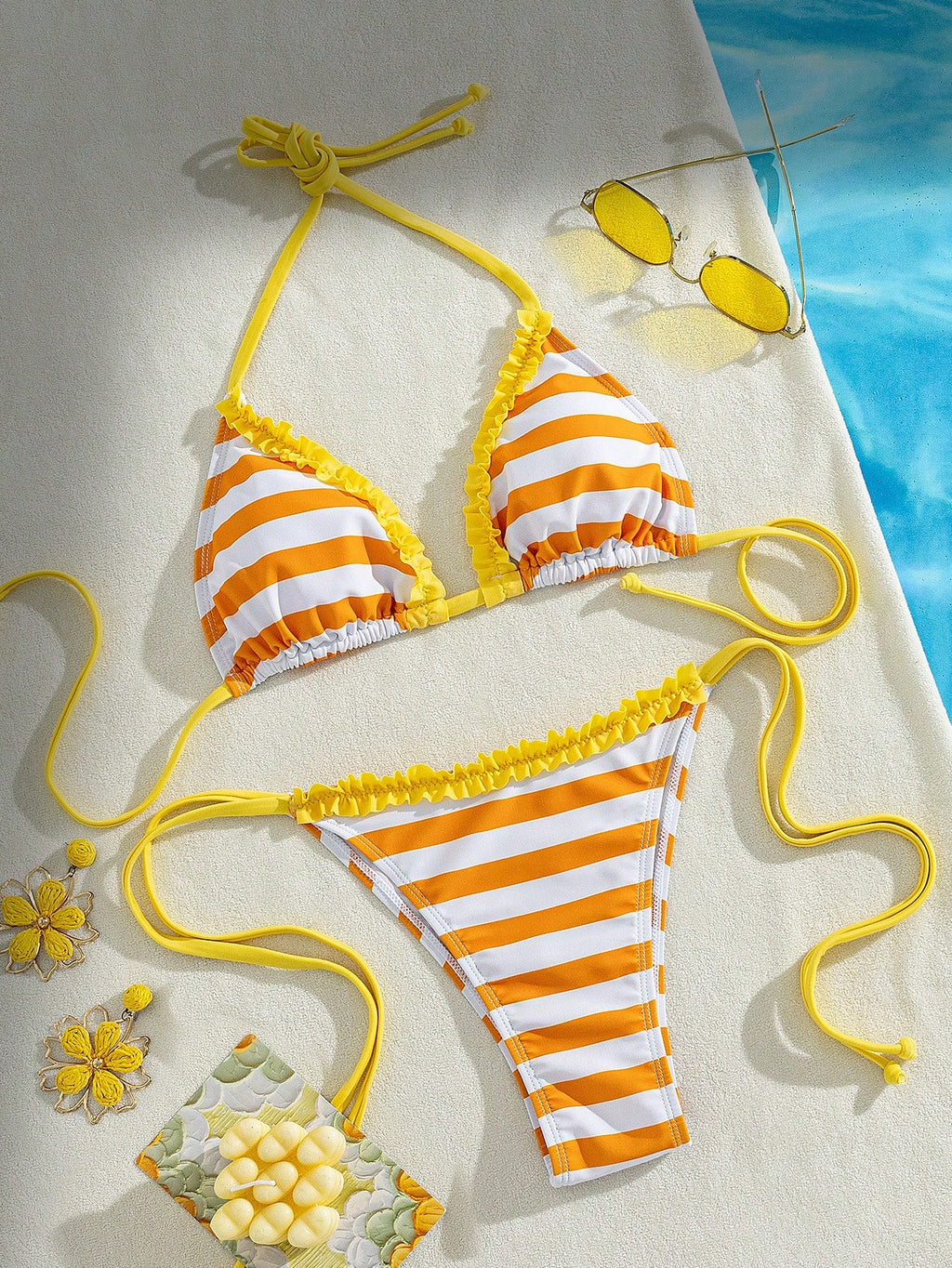Women's Two Pieces Striped Bikini Bathing Suit With Halter Neck,