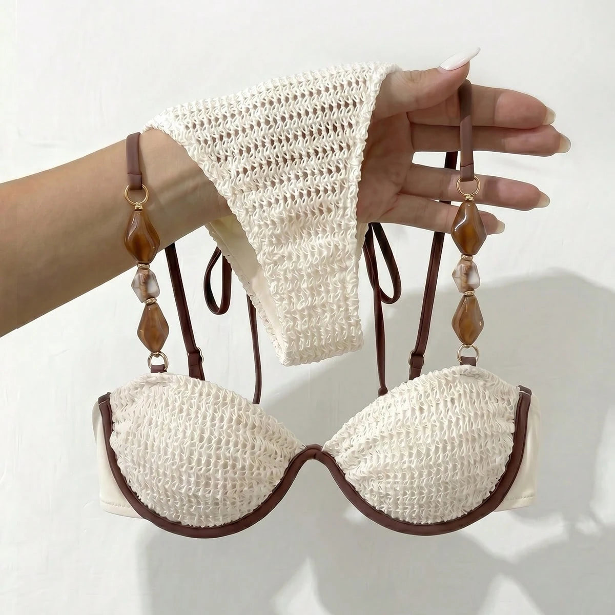 Bikinx Women's Colorblock Crochet Knit Fabric Bikini Set, Beaded