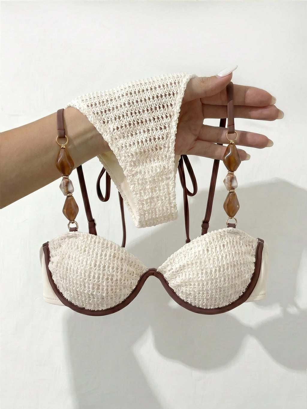 Bikinx Women's Colorblock Crochet Knit Fabric Bikini Set, Beaded