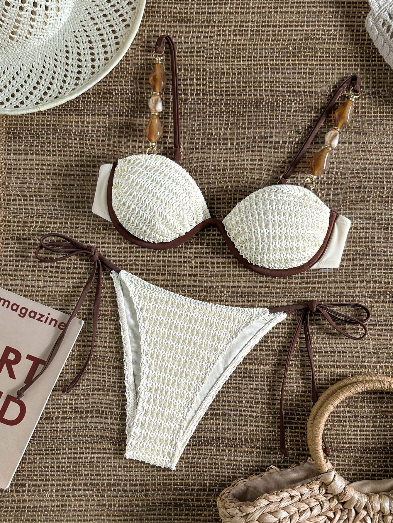 Bikinx Women's Colorblock Crochet Knit Fabric Bikini Set, Beaded