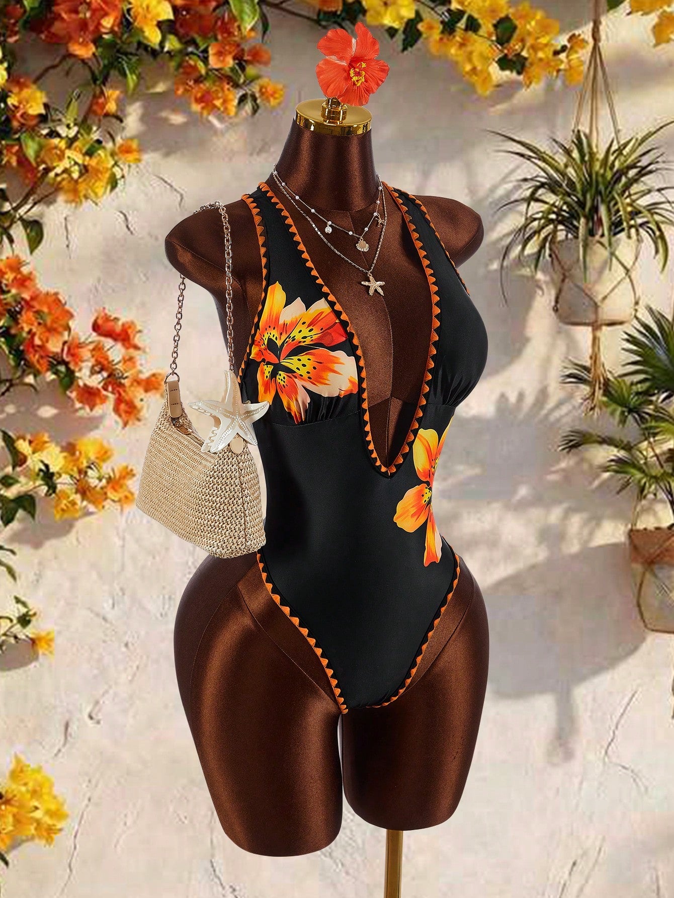 Amplova 1pc Women's Elegant Black One-Piece Swimsuit, Deep V-Neck