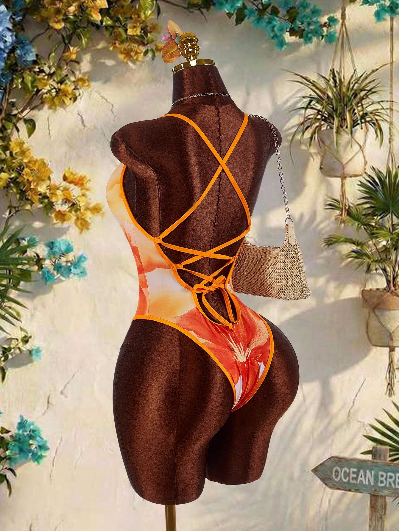 Amplova Women's One-Piece Backless Tie Strap Sexy Avant-Garde Swimsuit, Suitable For Vacation, Orange Floral - image 8