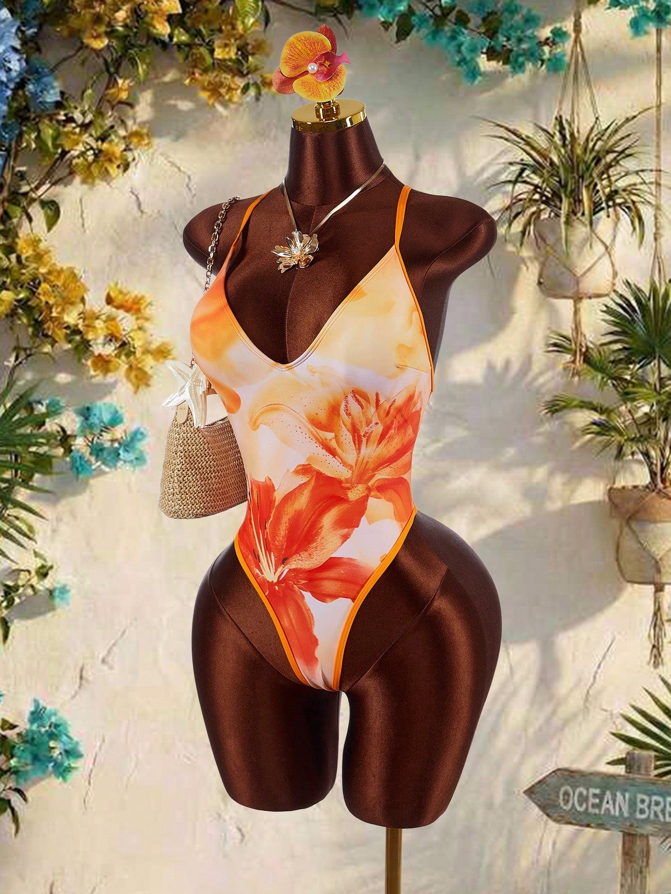 Amplova Women's One-Piece Backless Tie Strap Sexy Avant-Garde Swimsuit, Suitable For Vacation, Orange Floral - image 2