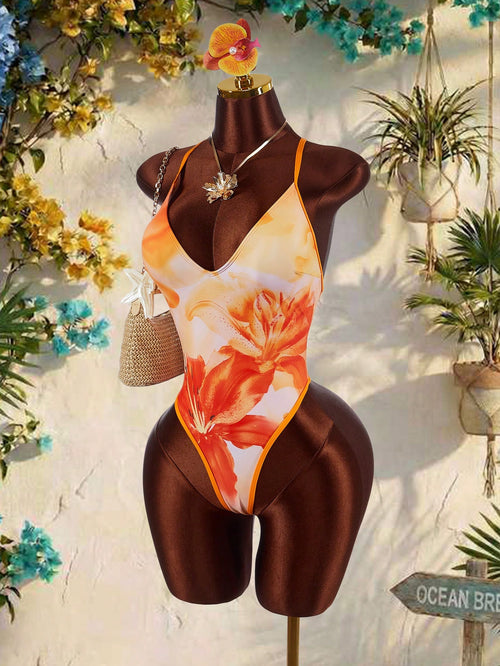 Amplova Women's One-Piece Backless Tie Strap Sexy Avant-Garde Swimsuit, Suitable For Vacation, Orange Floral - image 2