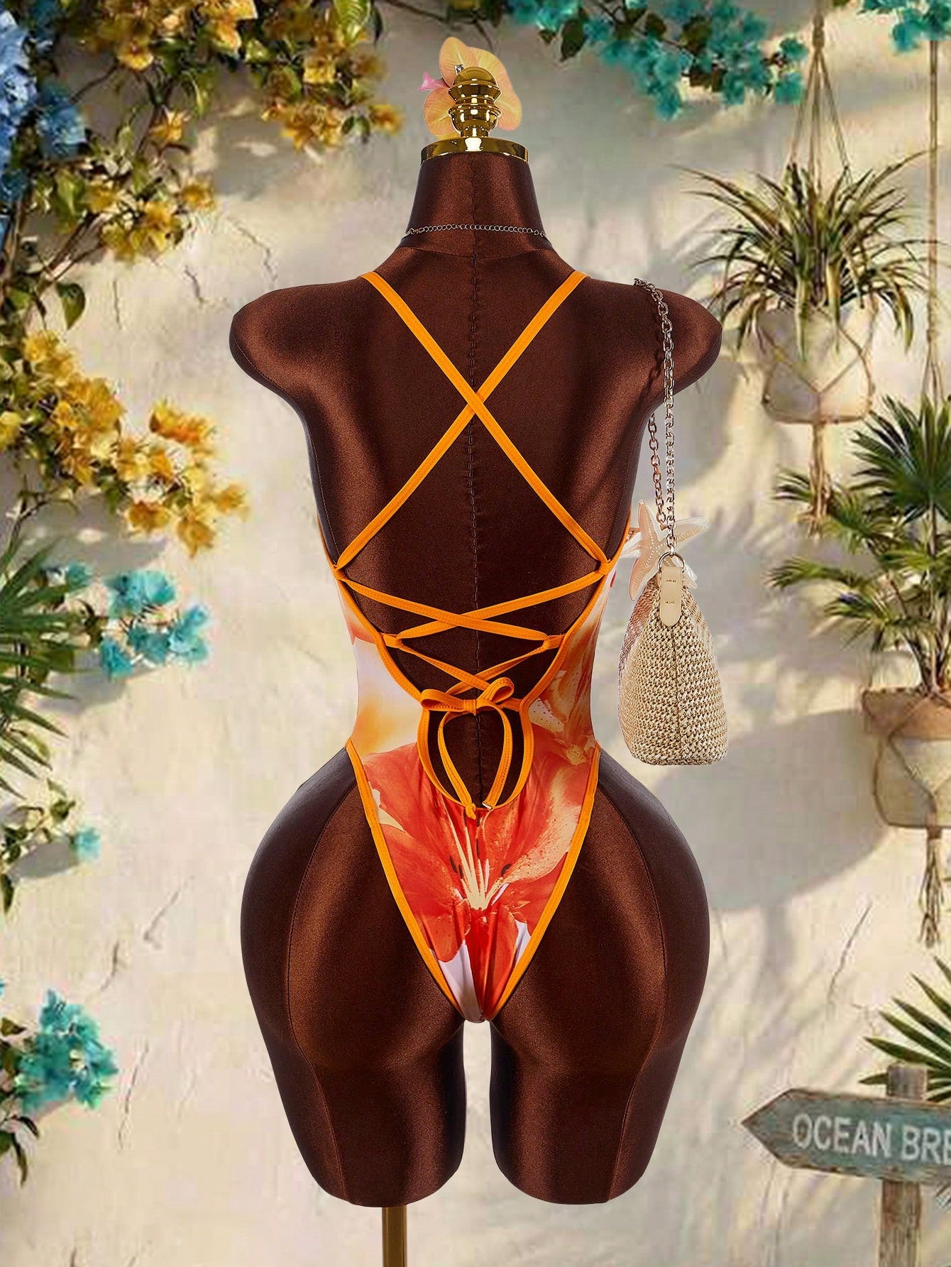 Amplova Women's One-Piece Backless Tie Strap Sexy Avant-Garde Swimsuit, Suitable For Vacation, Orange Floral - image 3