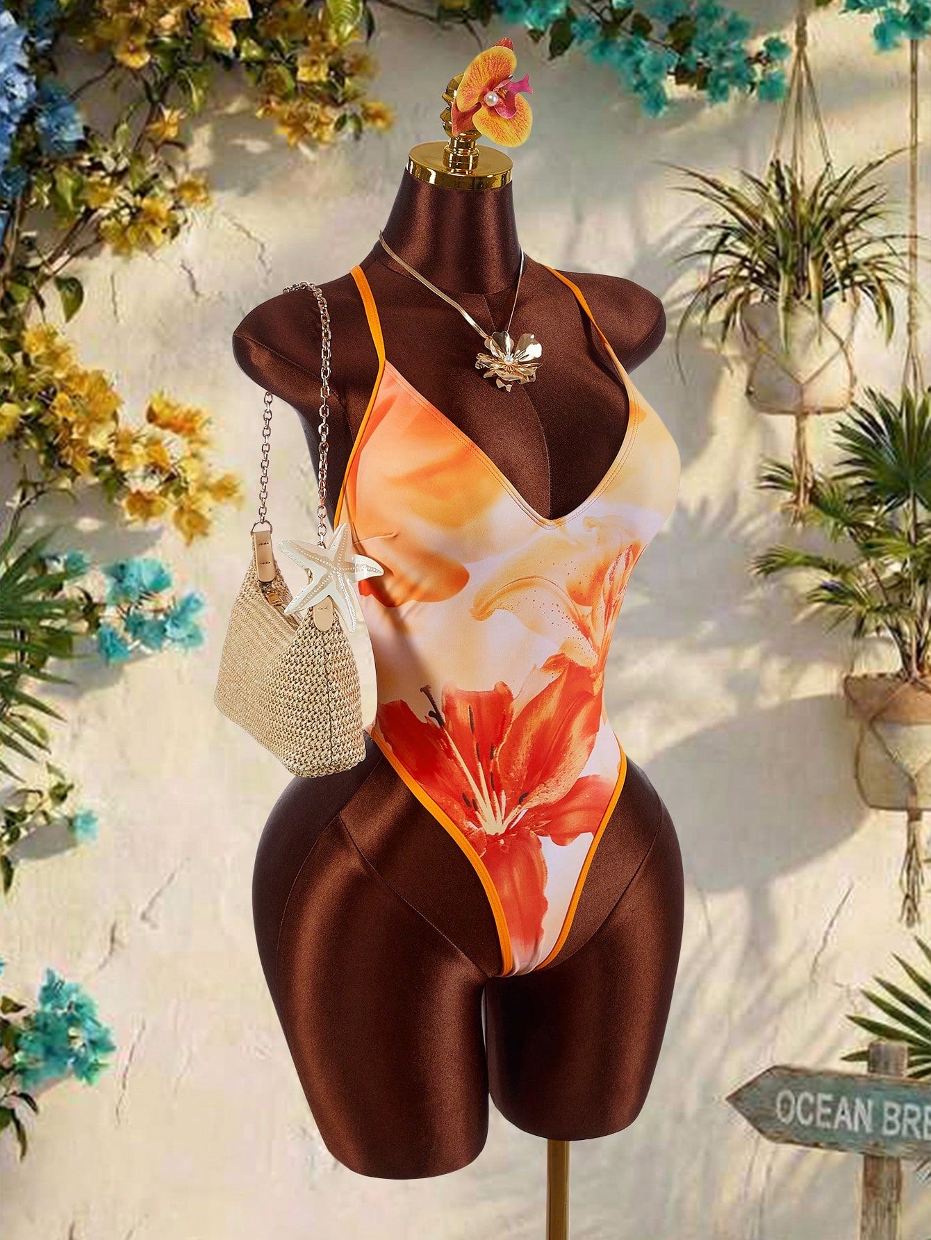 Amplova Women's One-Piece Backless Tie Strap Sexy Avant-Garde Swimsuit, Suitable For Vacation, Orange Floral - image 4