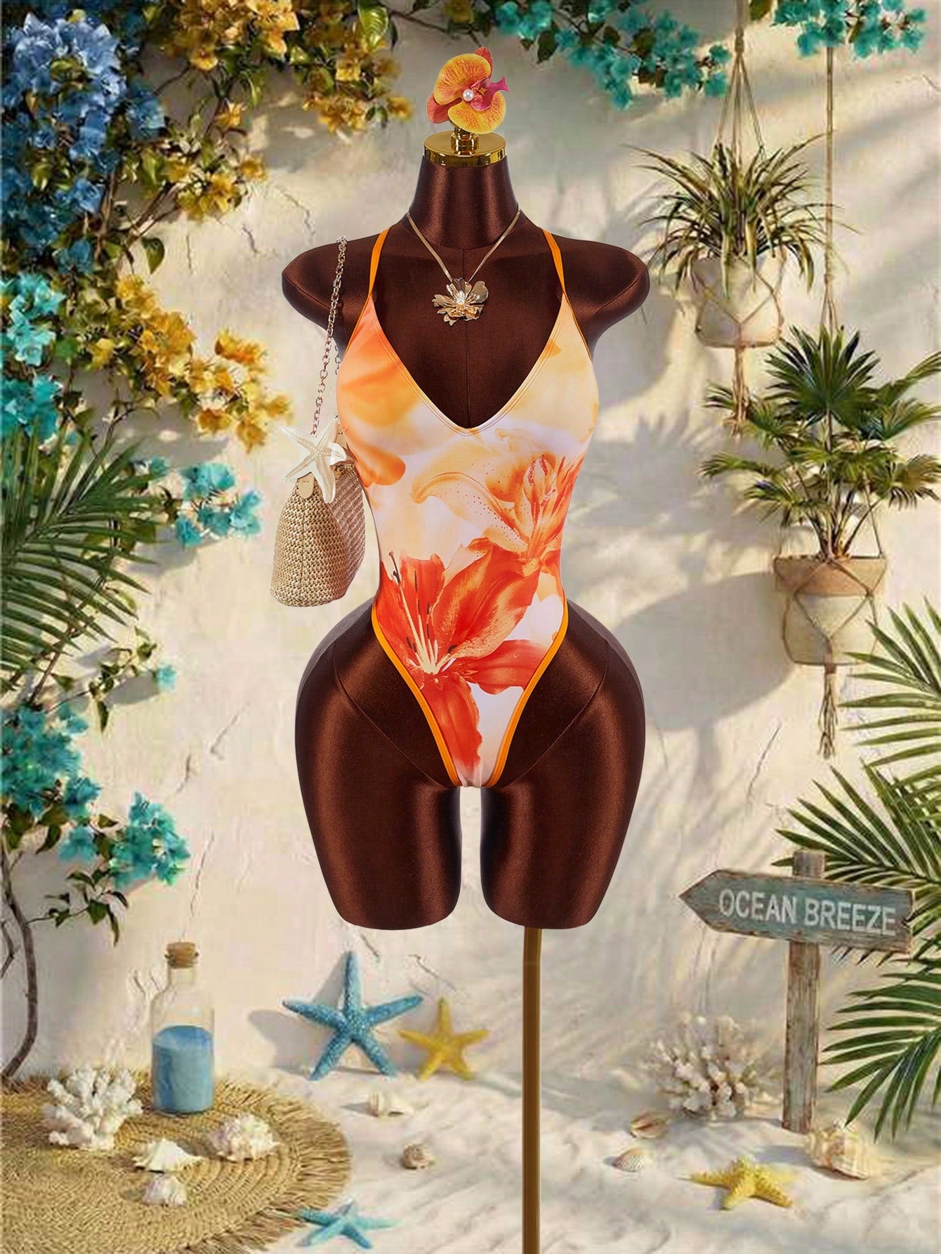 Amplova Women's One-Piece Backless Tie Strap Sexy Avant-Garde Swimsuit, Suitable For Vacation, Orange Floral - image 7