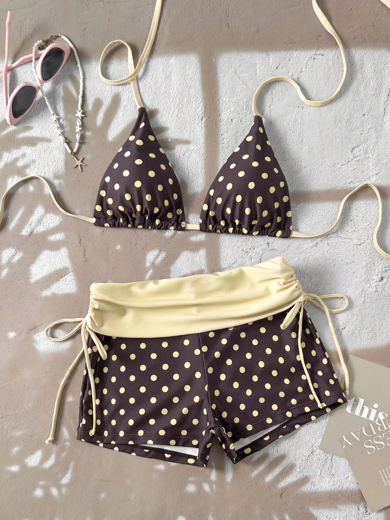 Swim Mod 2026 Women Swimwear 2 Pieces Set,Brown And Yellow Polka