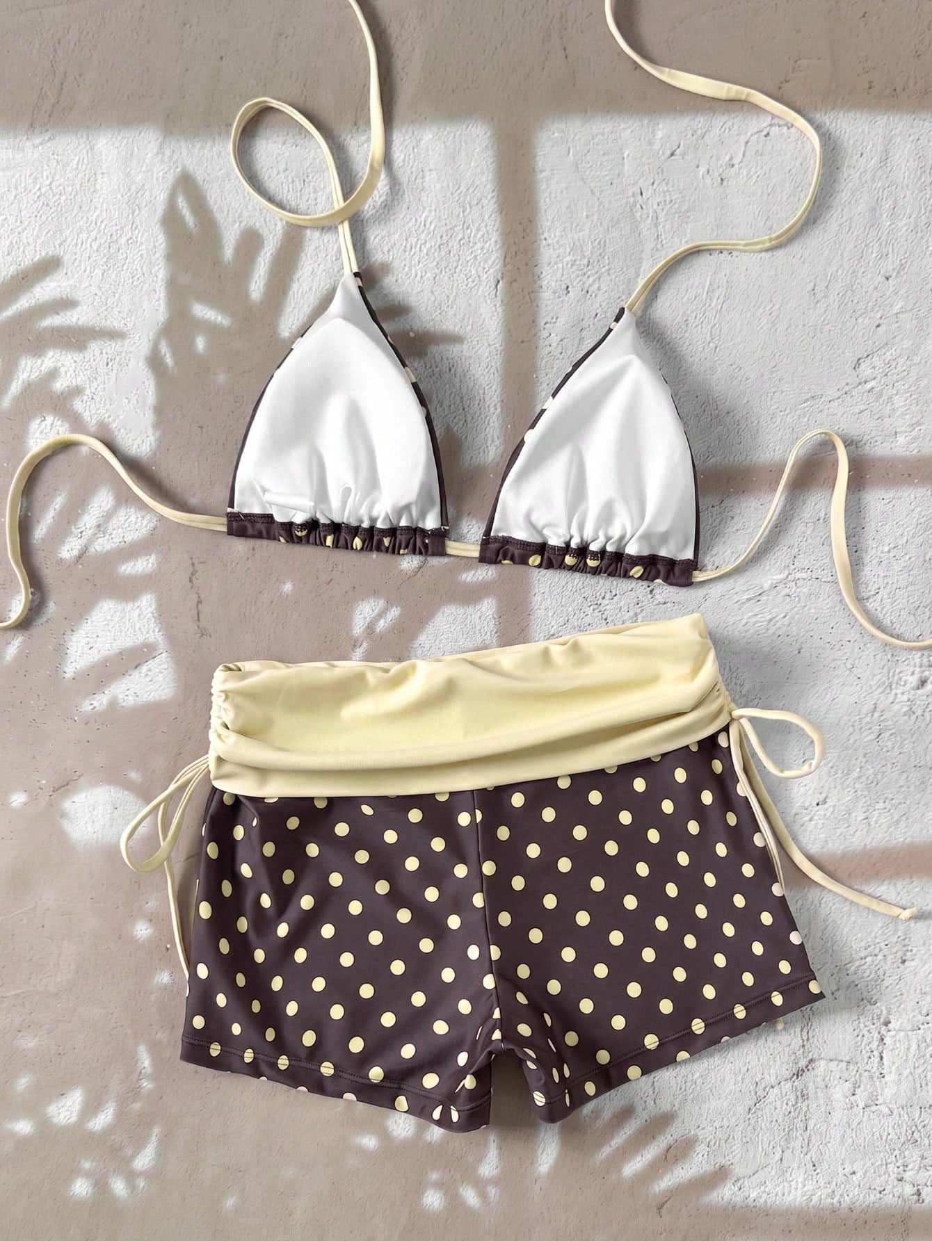 Swim Mod 2026 Women Swimwear 2 Pieces Set,Brown And Yellow Polka