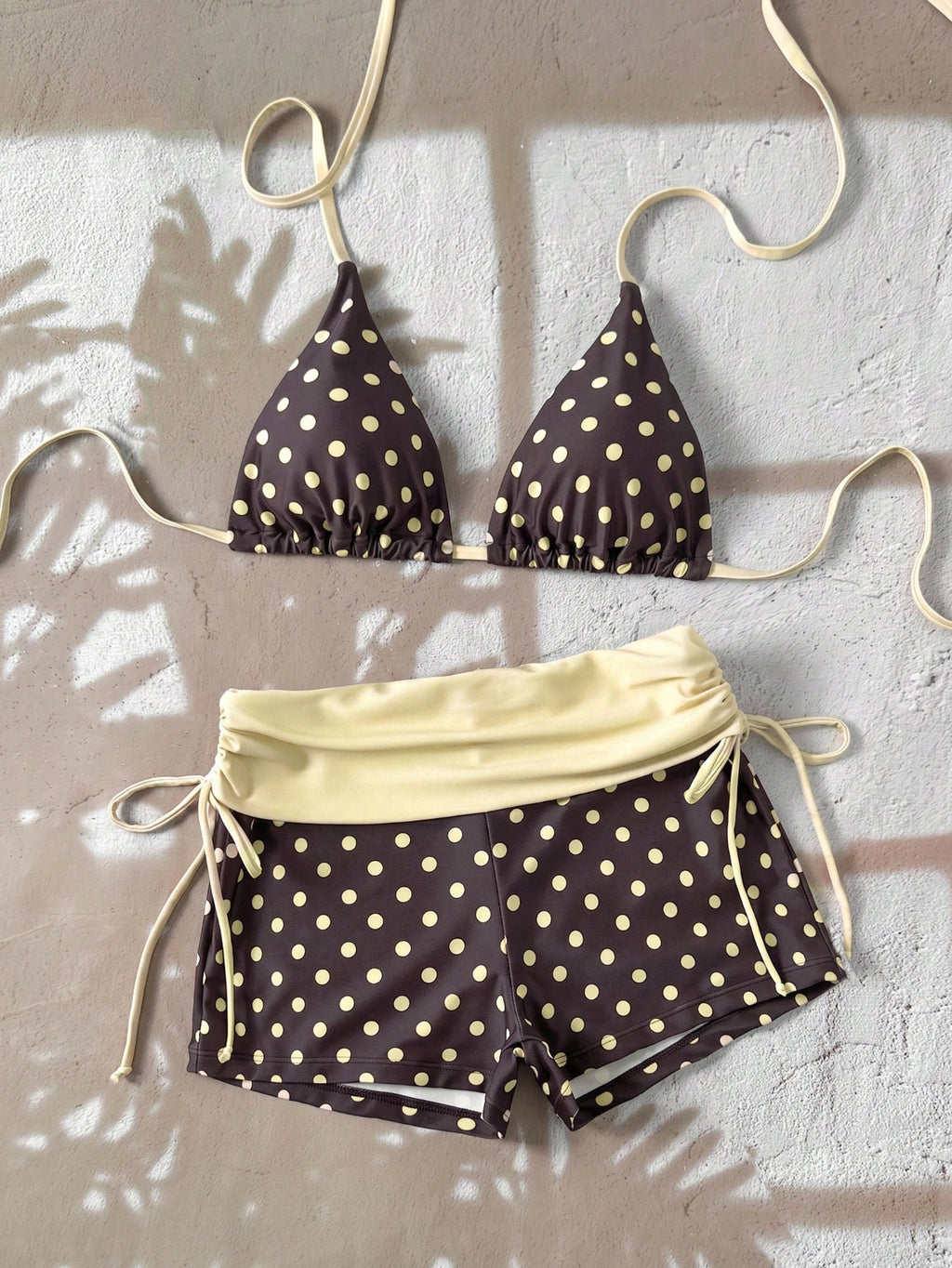 Swim Mod 2026 Women Swimwear 2 Pieces Set,Brown And Yellow Polka