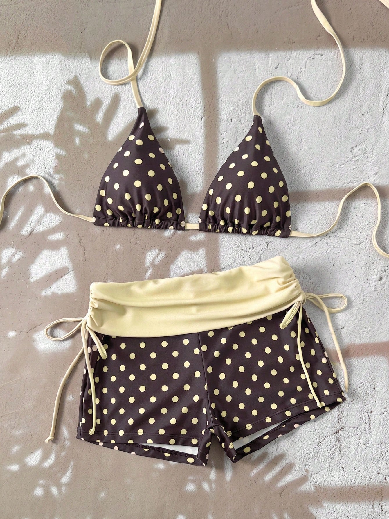 Swim Mod 2026 Women Swimwear 2 Pieces Set,Brown And Yellow Polka