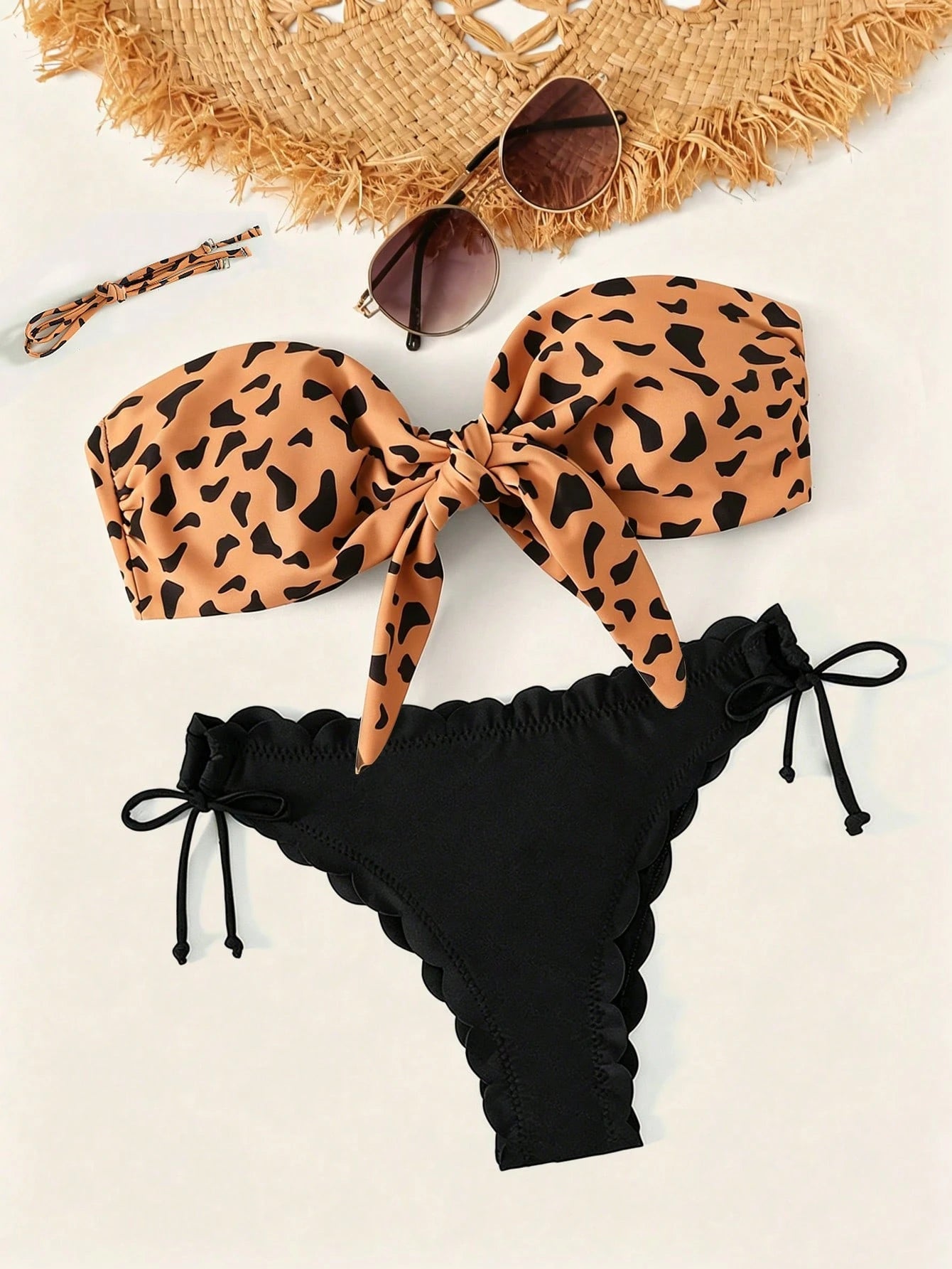 Swim Vcay Swimsuits For Woman Summer Beach Graphic Print Knot Front Bandeau Bikini Set - image 3