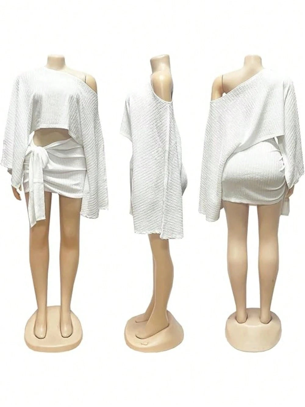 Boho 2 Piece Outfits Textured Off Shoulder Batwing Sleeve Top Tie Side Ruched Mi