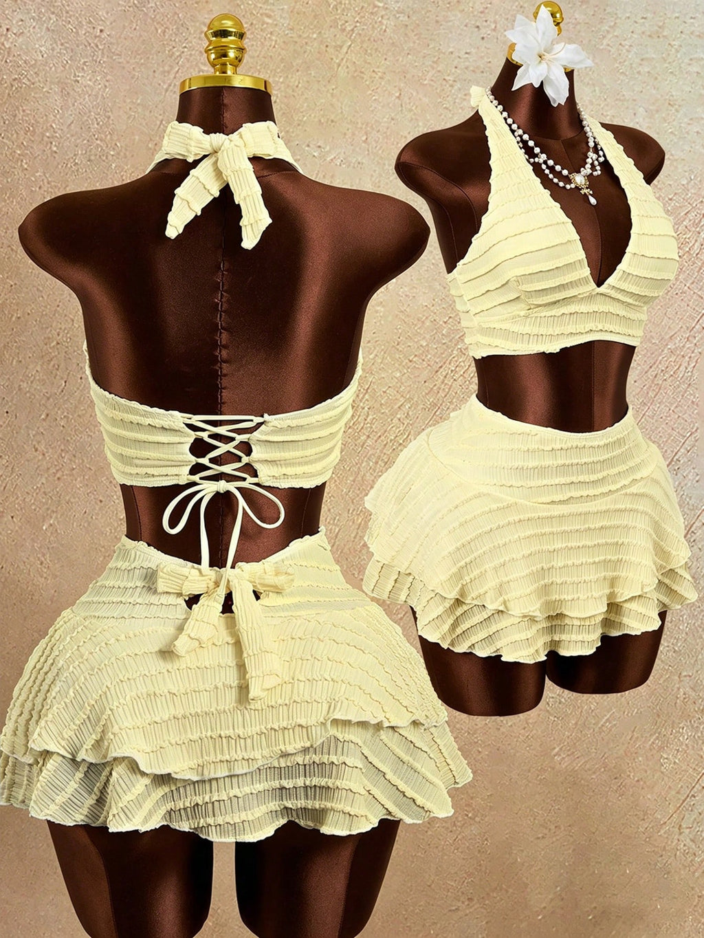 Zestiva Women's White Textured Trim Halter Bikini Top, Bottom & Skirt
