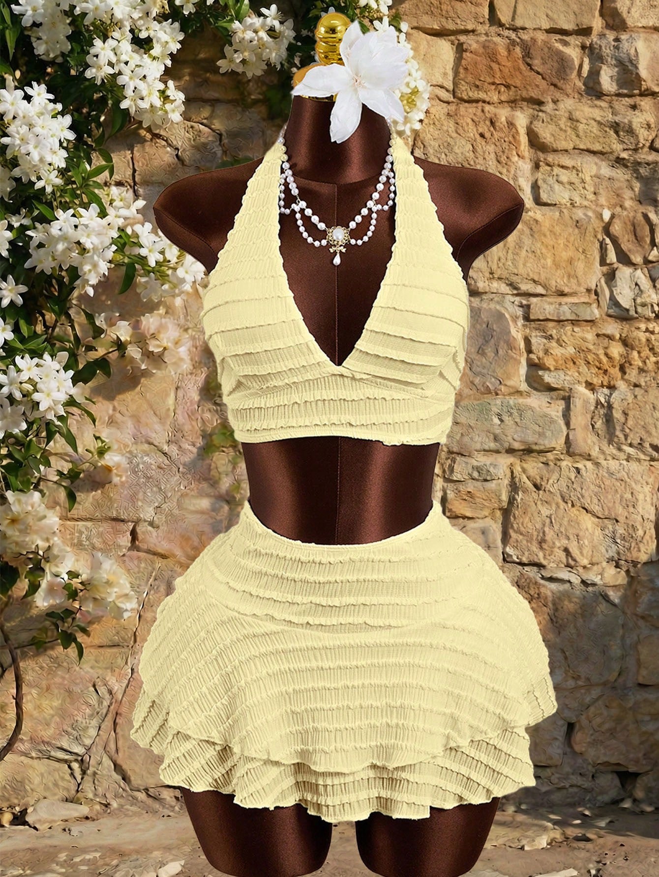 Zestiva Women's White Textured Trim Halter Bikini Top, Bottom & Skirt