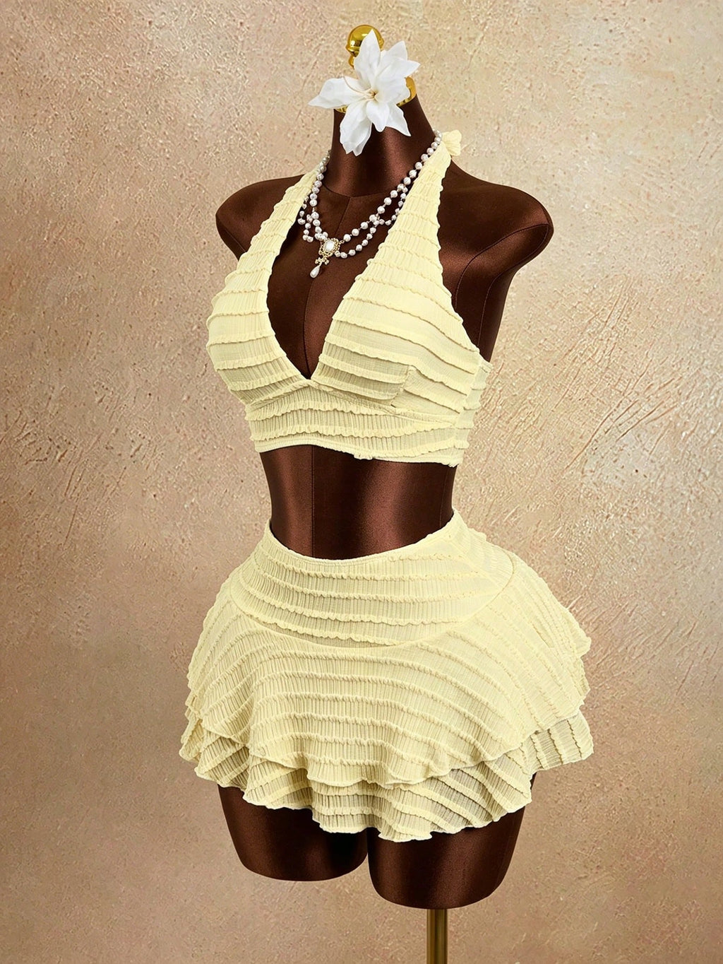 Zestiva Women's White Textured Trim Halter Bikini Top, Bottom & Skirt