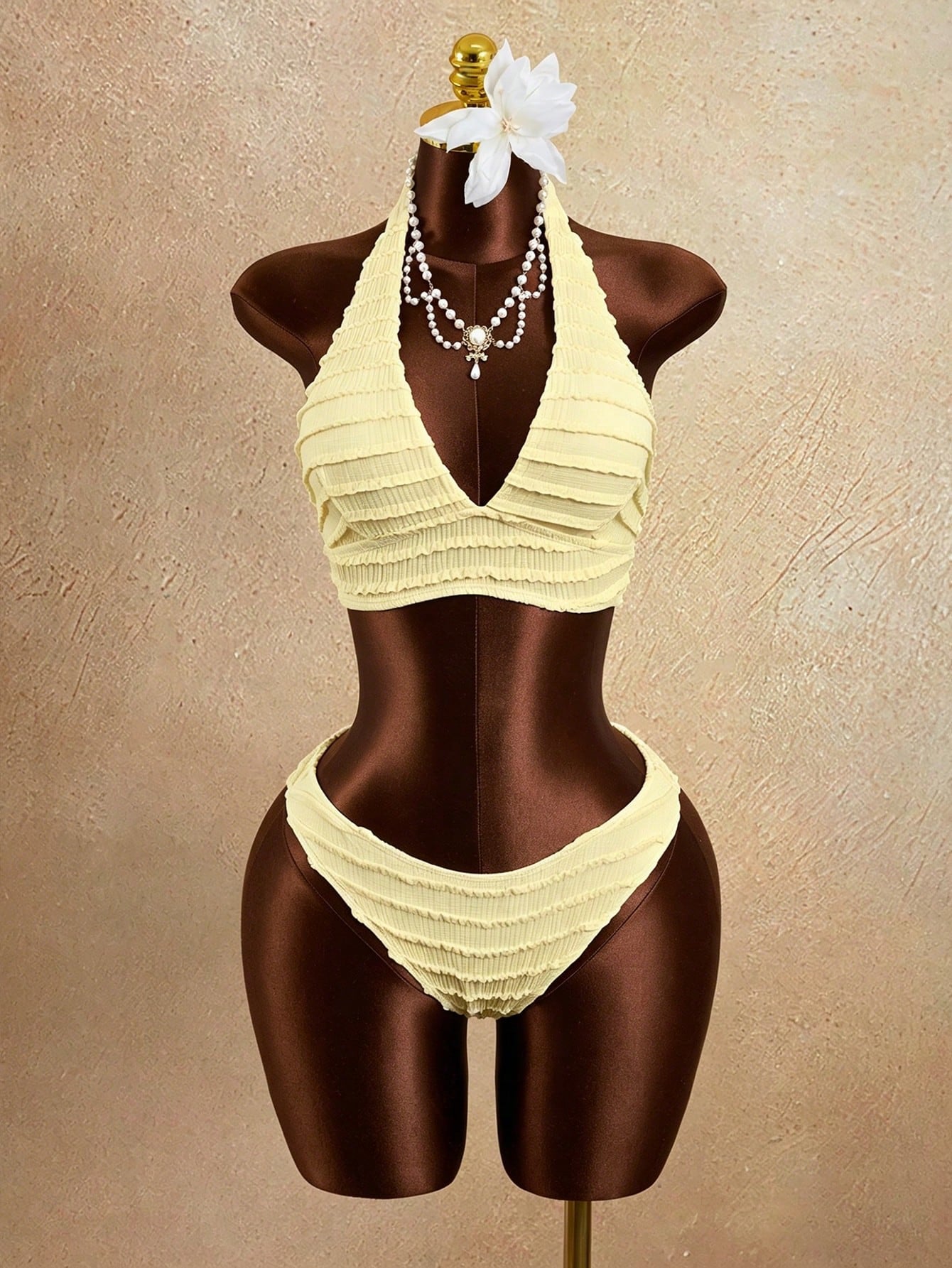 Zestiva Women's White Textured Trim Halter Bikini Top, Bottom & Skirt