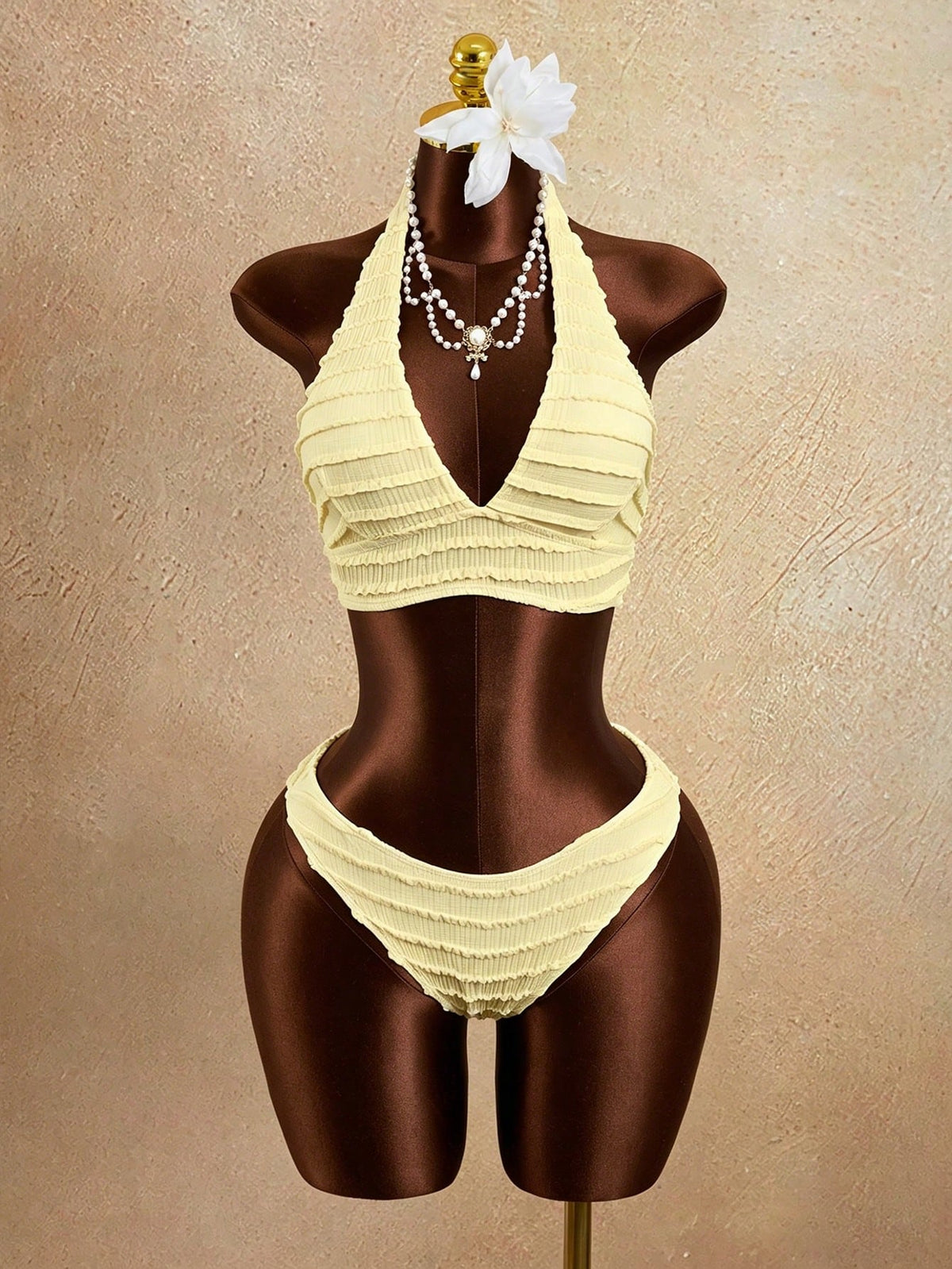 Zestiva Women's White Textured Trim Halter Bikini Top, Bottom & Skirt 3-Piece Swimwear Set, Summer Elegant - image 19