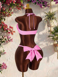 Amplova Women's Pink Swimwear Set,Cute Halter Neckline Thong Bottom