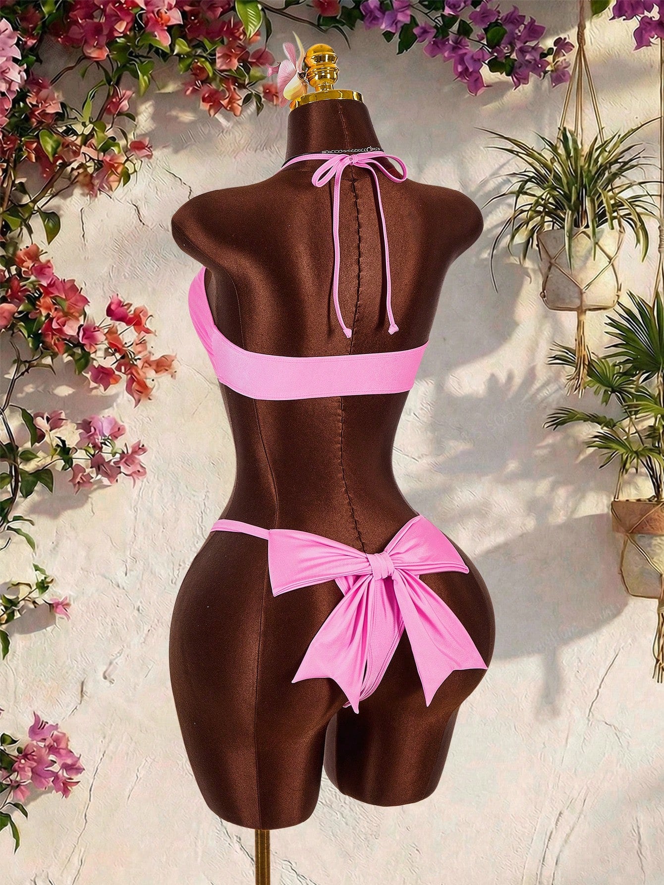 Amplova Women's Pink Swimwear Set,Cute Halter Neckline Thong Bottom With Bowknot Decor,Ruched,Summer Beach