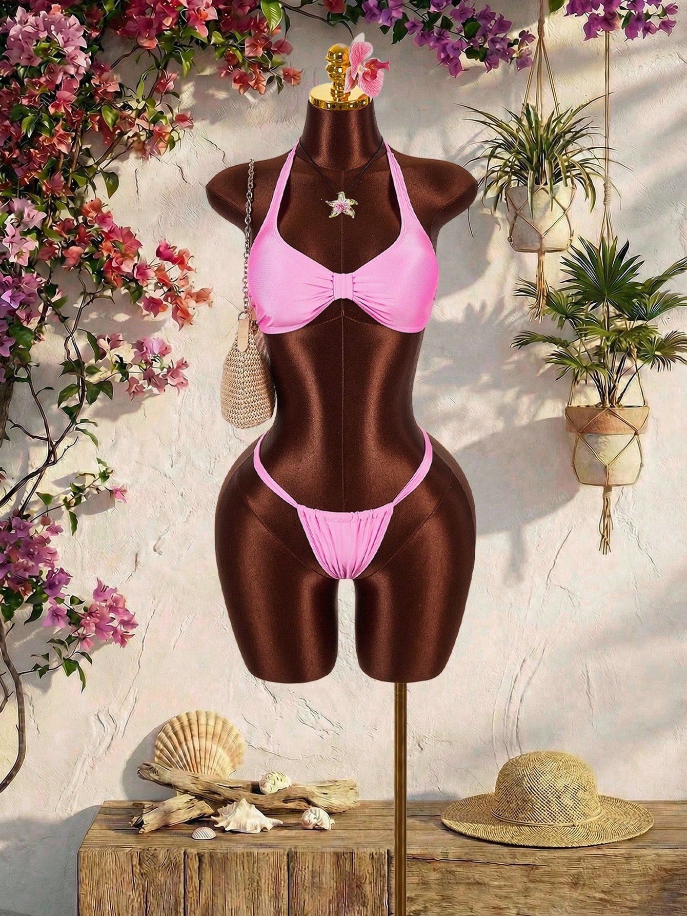 Amplova Women's Pink Swimwear Set,Cute Halter Neckline Thong Bottom