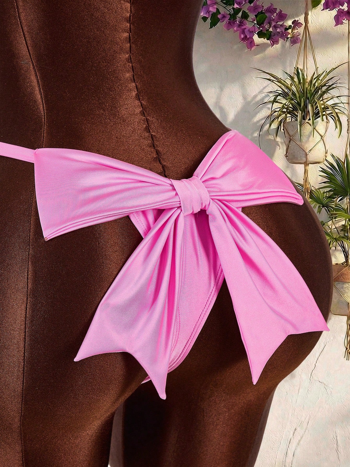 Amplova Women's Pink Swimwear Set,Cute Halter Neckline Thong Bottom With Bowknot Decor,Ruched,Summer Beach - image 4