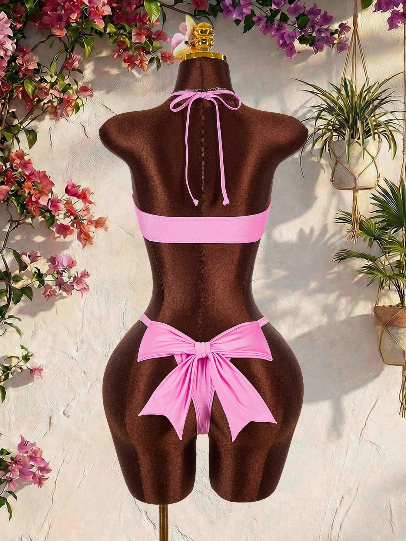 Amplova Women's Pink Swimwear Set,Cute Halter Neckline Thong Bottom