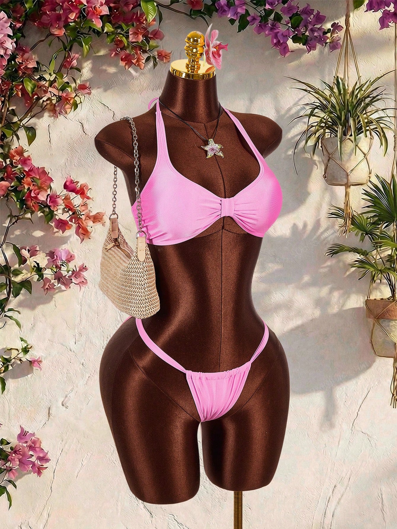Amplova Women's Pink Swimwear Set,Cute Halter Neckline Thong Bottom