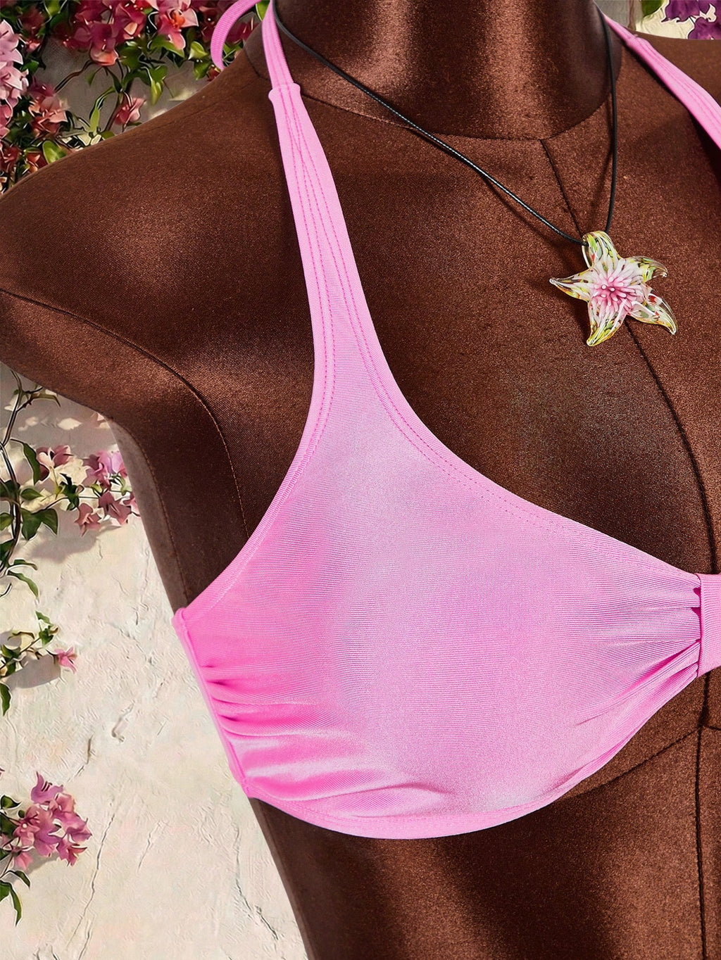 Amplova Women's Pink Swimwear Set,Cute Halter Neckline Thong Bottom