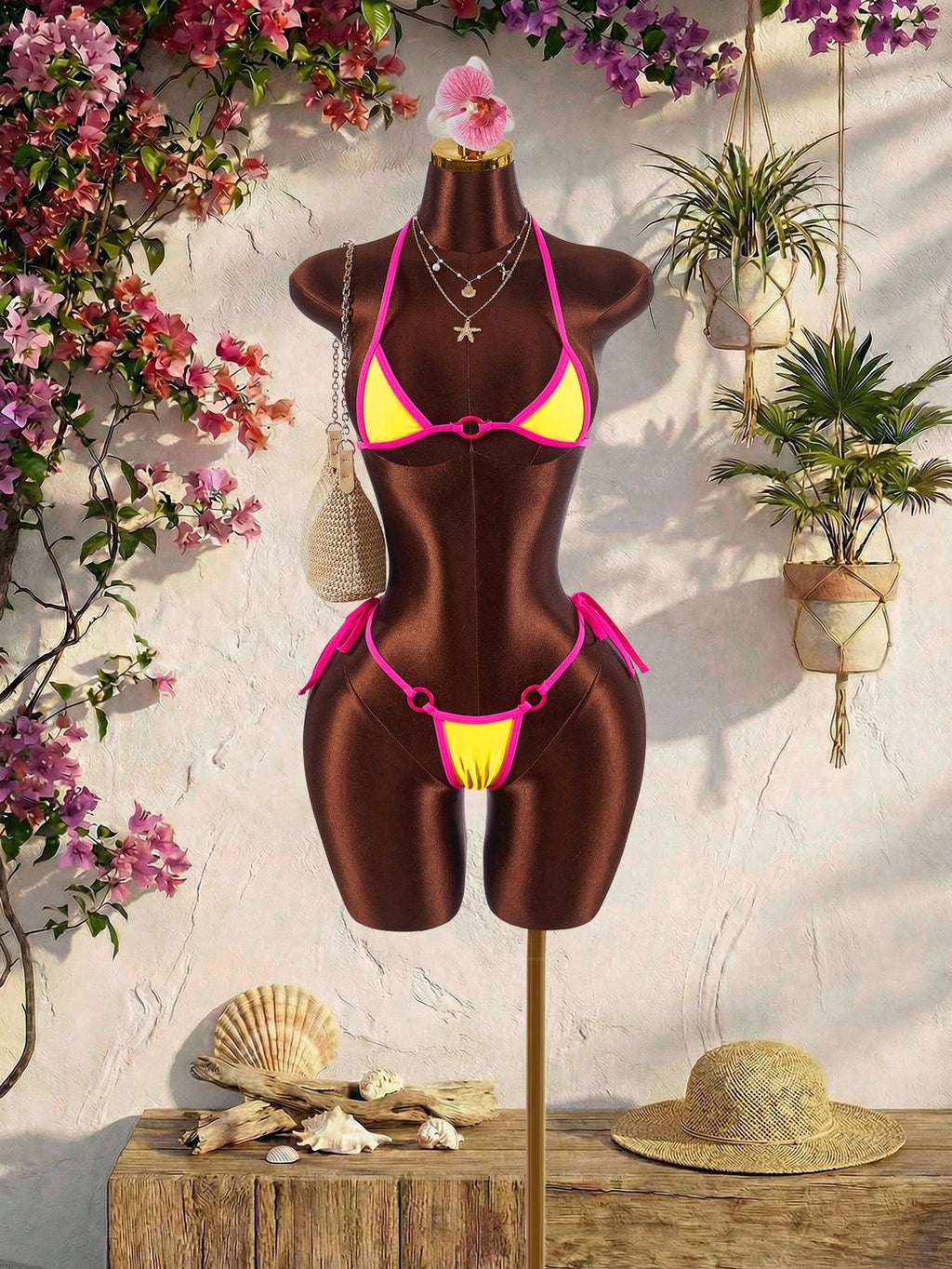 Amplova Women's Swimwear Pink And Yellow Color Block Mini Set,Tie