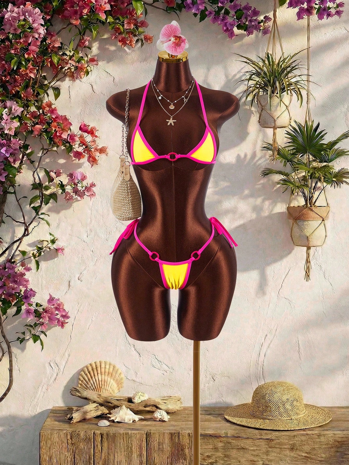Amplova Women's Swimwear Pink And Yellow Color Block Mini Set,Tie