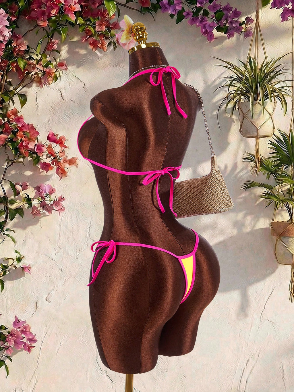 Amplova Women's Swimwear Pink And Yellow Color Block Mini Set,Tie