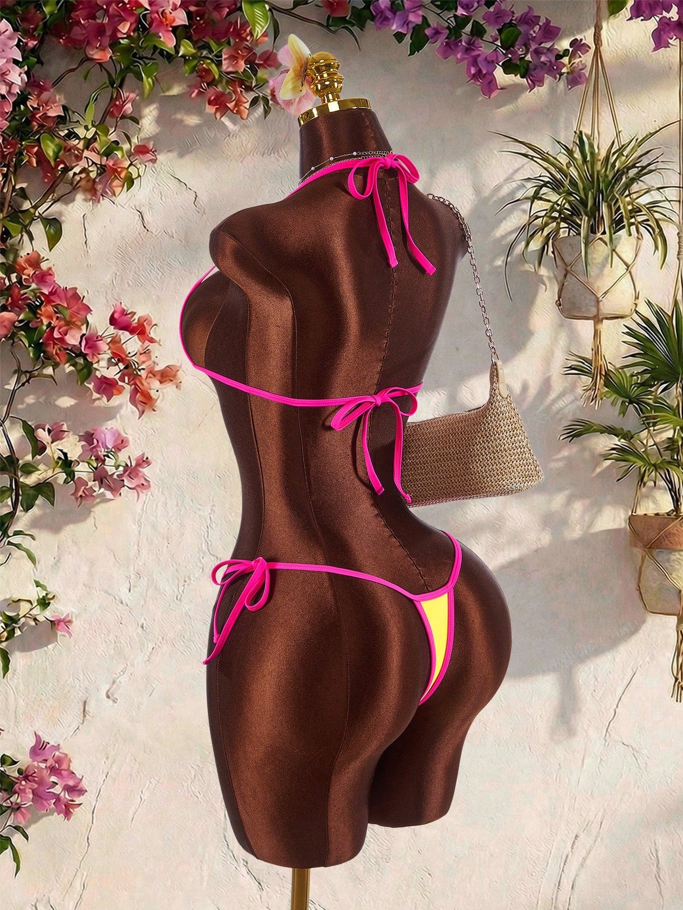 Amplova Women's Swimwear Pink And Yellow Color Block Mini Set,Tie