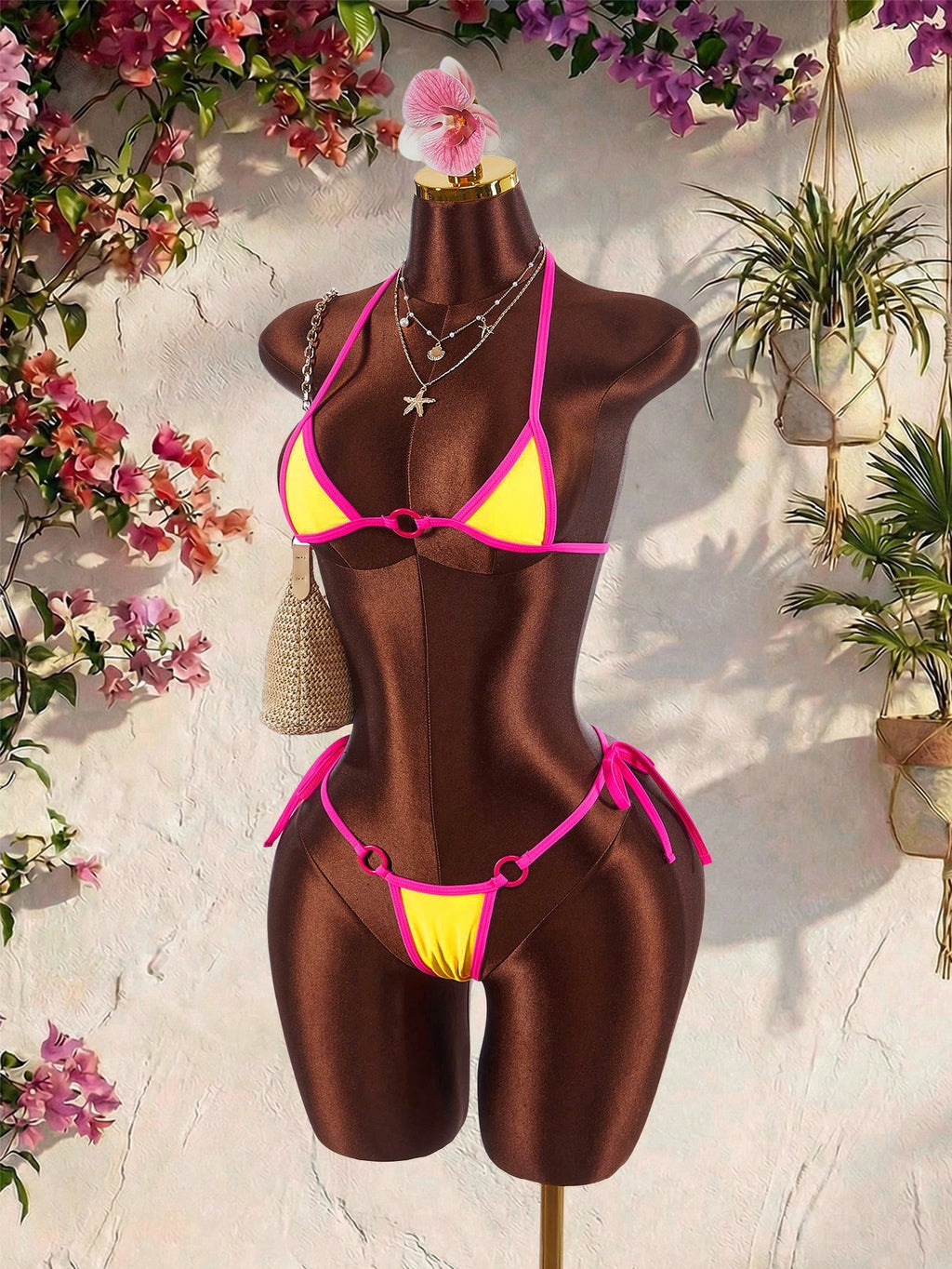 Amplova Women's Swimwear Pink And Yellow Color Block Mini Set,Tie