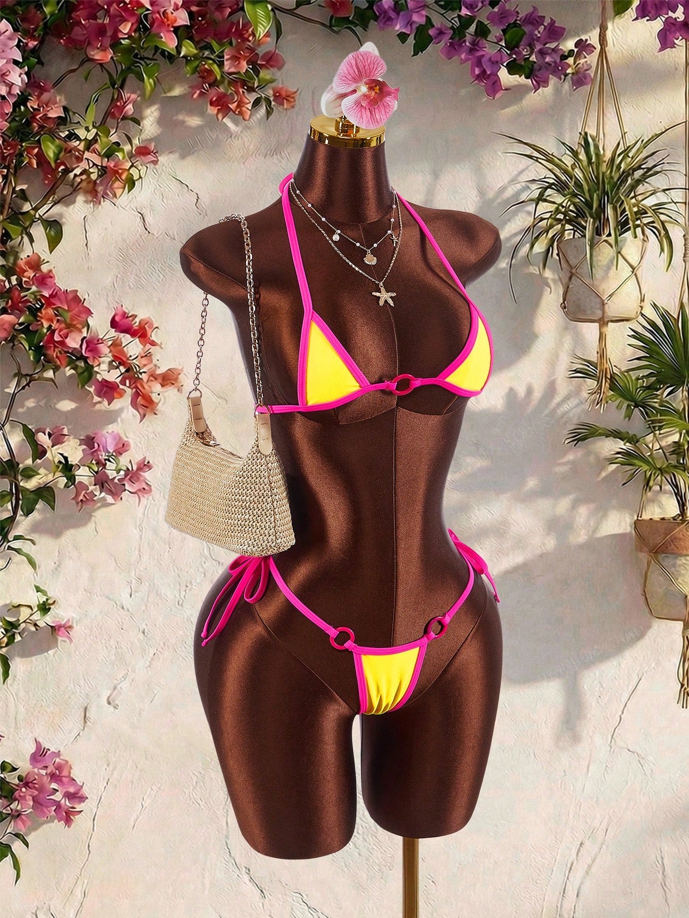 Amplova Women's Swimwear Pink And Yellow Color Block Mini Set,Tie