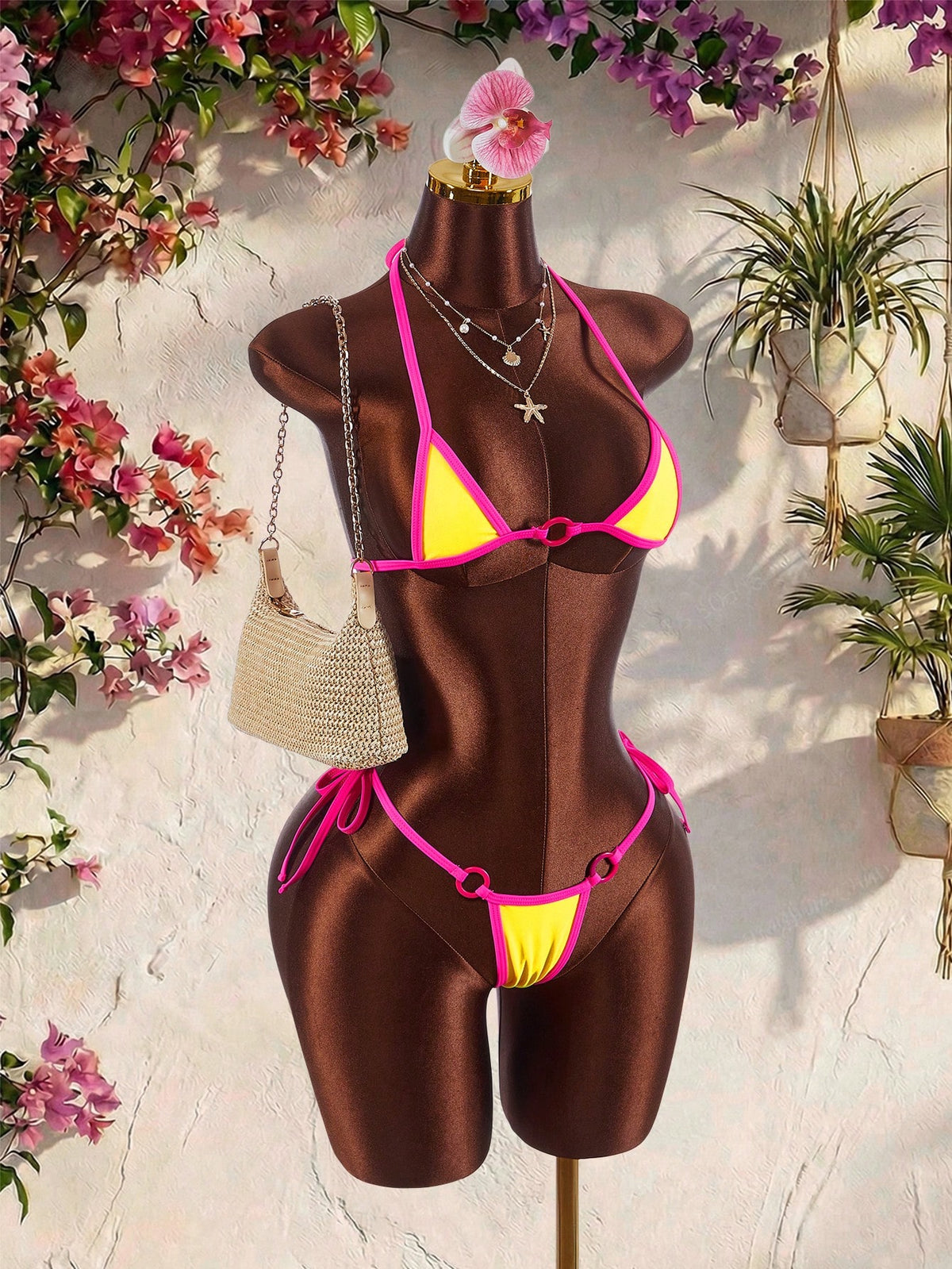 Amplova Women's Swimwear Pink And Yellow Color Block Mini Set,Tie Details Avant-Garde Y2k Beach - image 3