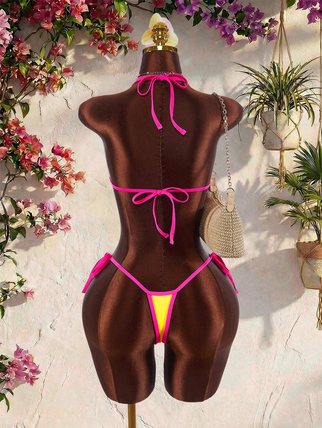 Amplova Women's Swimwear Pink And Yellow Color Block Mini Set,Tie